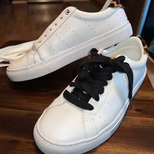White leather J. CREW Saturday Sneaker with leopard hair calf accent